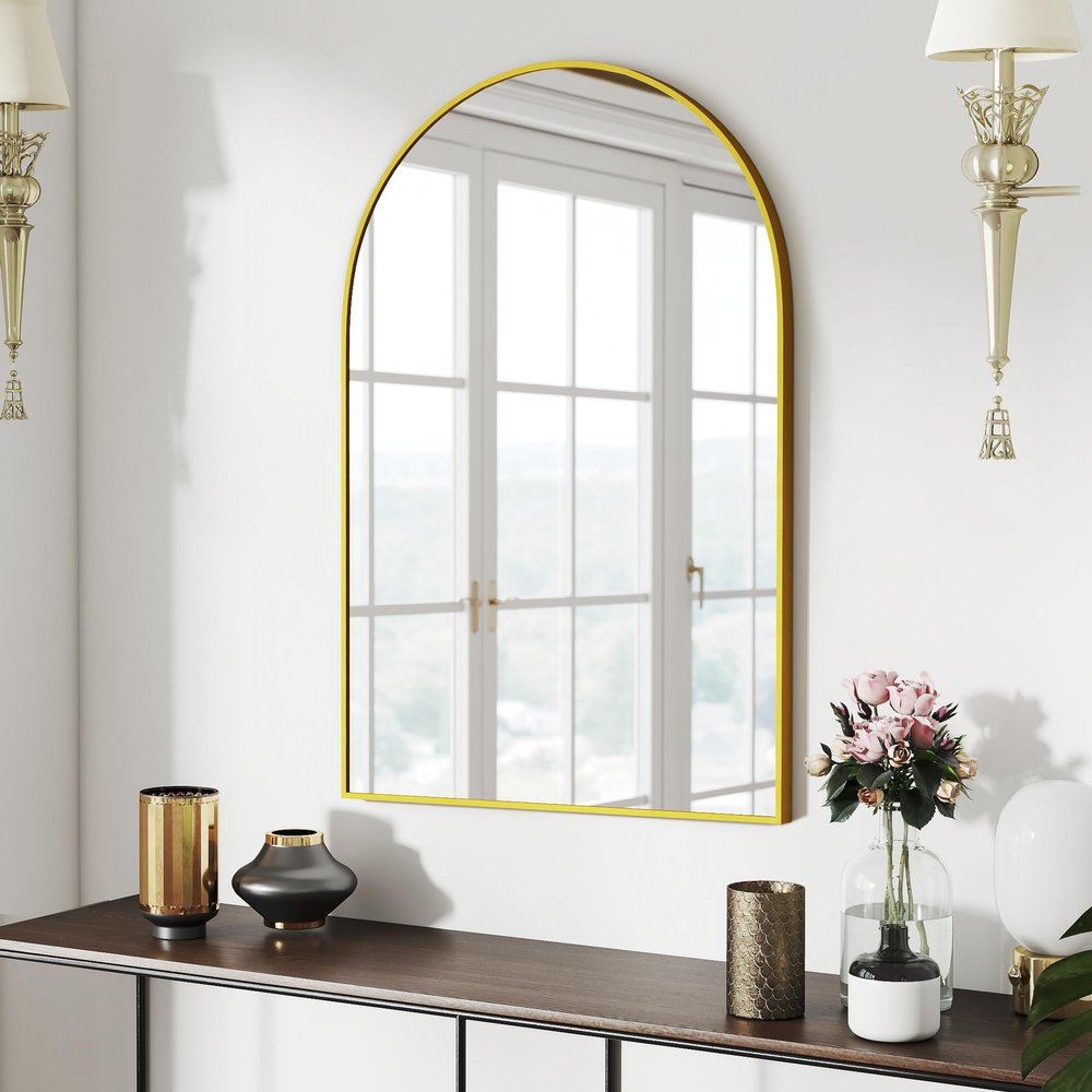 SCWF-GZ 24x36 Arch Mirror Rectangle Full Length Wall Mounted Hanging or Against Wall Metal Aluminum Alloy Frame Dressing Make-up Mirrors for Entryway Bedroom Bathroom Living Room 24 36 inch Gold
