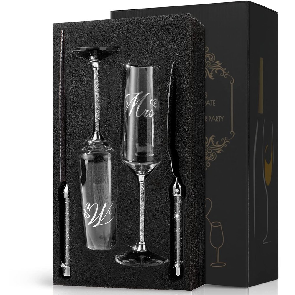 VARLKA Wedding Cake Knife and Server Set, Mr and Champagne Flutes with Wedding Cake Cutting Set for Bride and Groom Toasting (Clear)