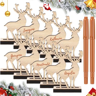 Spiareal 12 Pcs Christmas Wooden Reindeer Name Place Cards Wood Table Decoration Christmas Ornaments Indoor Tags Number Sign with Mark Pens Xmas Gift for Setting Dinner Party Holiday Family Supply