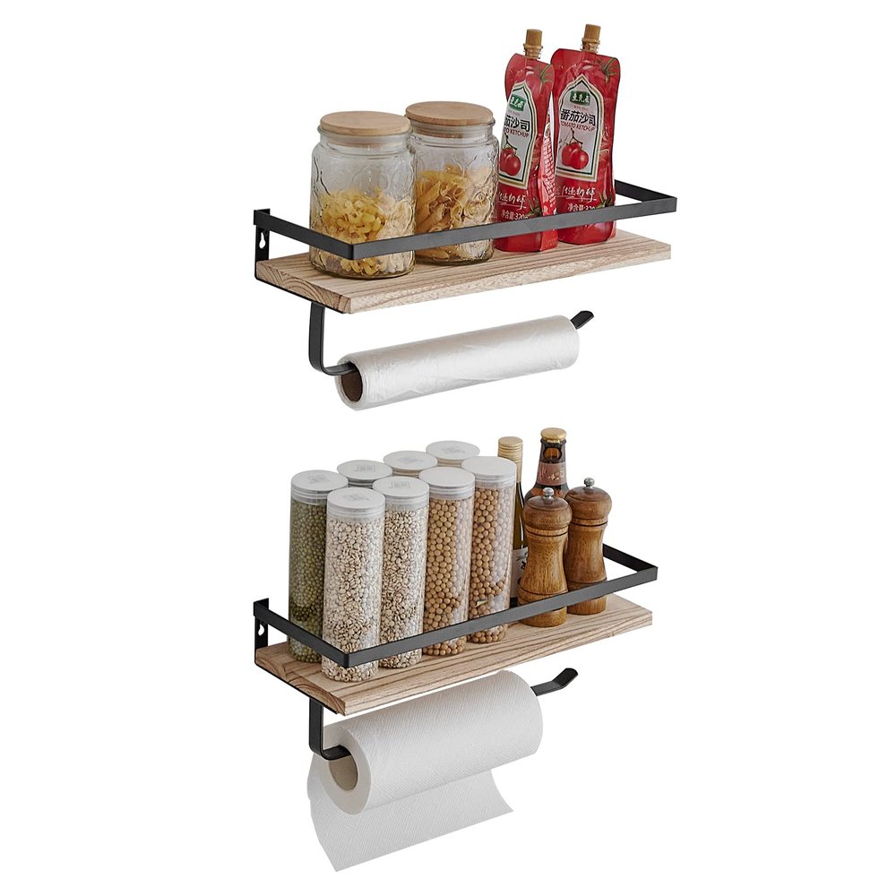 BESy Floating Shelves Wall Mounted Storage Shelves with Towel Rack Rails Bar, Paper Towel Holder with Shelf for Kitchen, Bathroom Tissue Roll Hanger, Matte Black Metal Frame, Set of 2 Natural