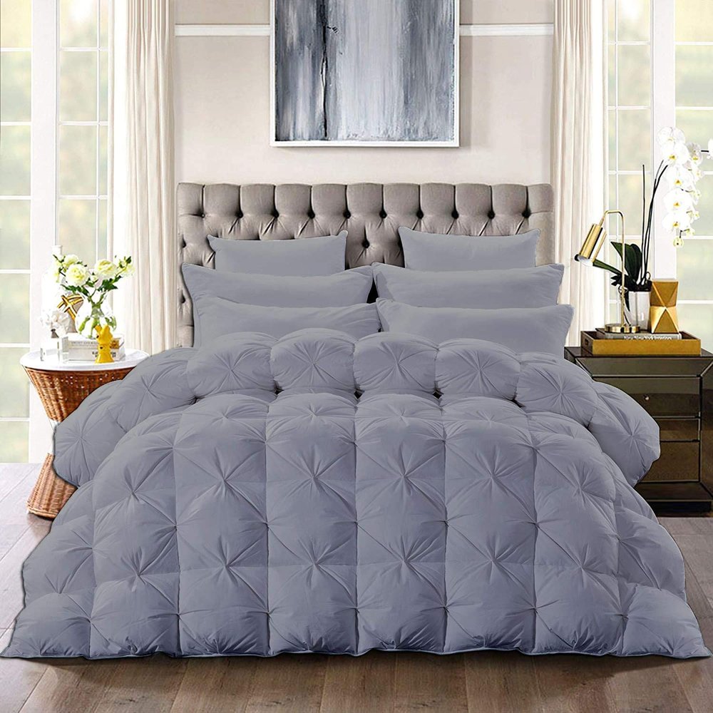 100% Organic Cotton 5 Piece Baffle Box Stitched Pinch Pleated Olympic Queen Comforter Set Lightweight Soft 600 GSM Light Grey Duvet Insert Olympic Queen (98'' x 98'')