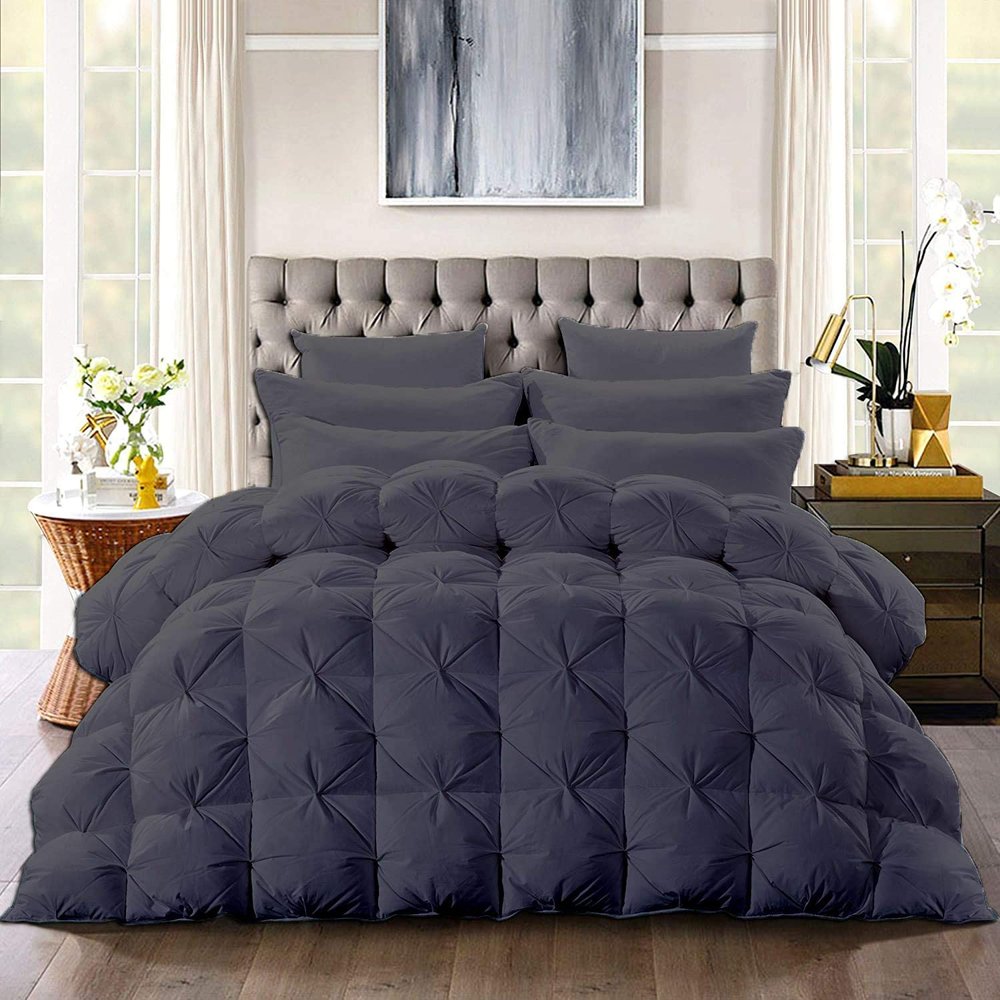 100% Organic Cotton 5 Piece Baffle Box Stitched Pinch Pleated Olympic Queen Comforter Set Lightweight Soft 600 GSM Dark Grey Duvet Insert Olympic Queen (98'' x 98'')