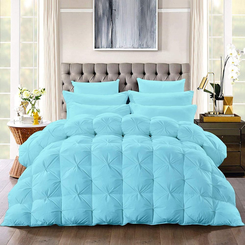 100% Organic Cotton 5 Piece Baffle Box Stitched Pinch Pleated Super King Comforter Set Lightweight Soft 600 GSM Aqua Blue Duvet Insert Super King 120x120