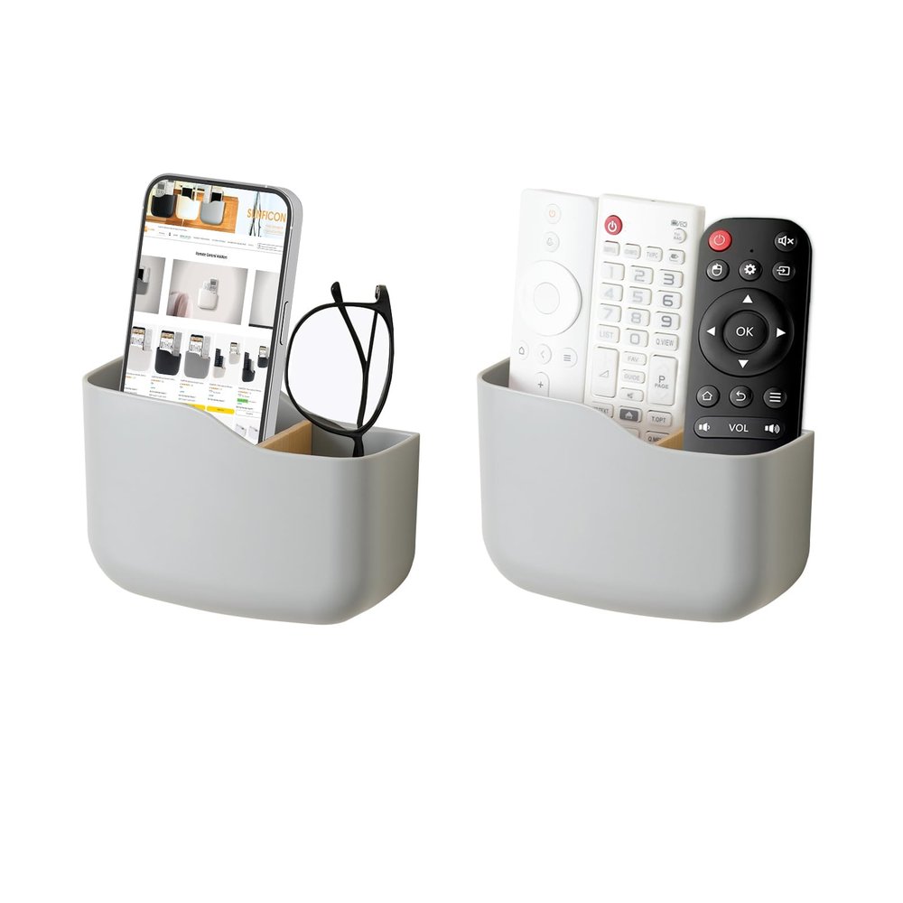 SUNFICON Wall Mount Remote Holder TV FAN Remote Control Holder Bedside Caddy Wall Organizer Phone Holder for Office Adhesive Media Player Controller Holder Box Tray Home Desk Nightstand 2 PACK GRAY