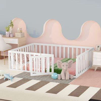 SOFTSEA Full Toddler Floor Bed with Fence, Low to Ground Floor Bed with Rails Full Platform Bed Frame for Kids Toddlers, Spring Needed