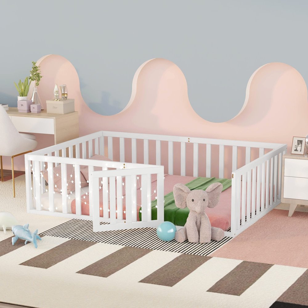 SOFTSEA Full Toddler Floor Bed with Fence, Low to Ground Floor Bed with Rails Full Platform Bed Frame for Kids Toddlers, Spring Needed
