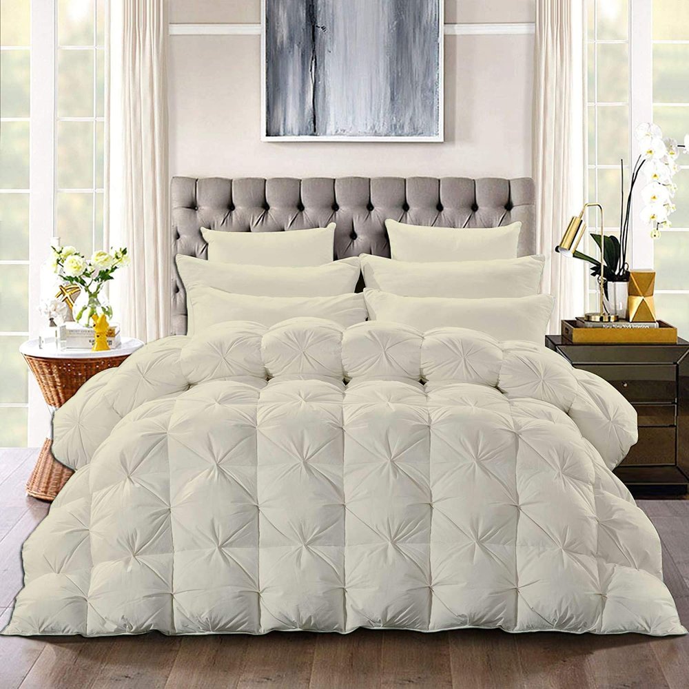100% Organic Cotton 3 Piece Baffle Box Stitched Pinch Pleated Queen Comforter Set Lightweight Soft 600 GSM Ivory Duvet Insert Queen (88'' x 92'')