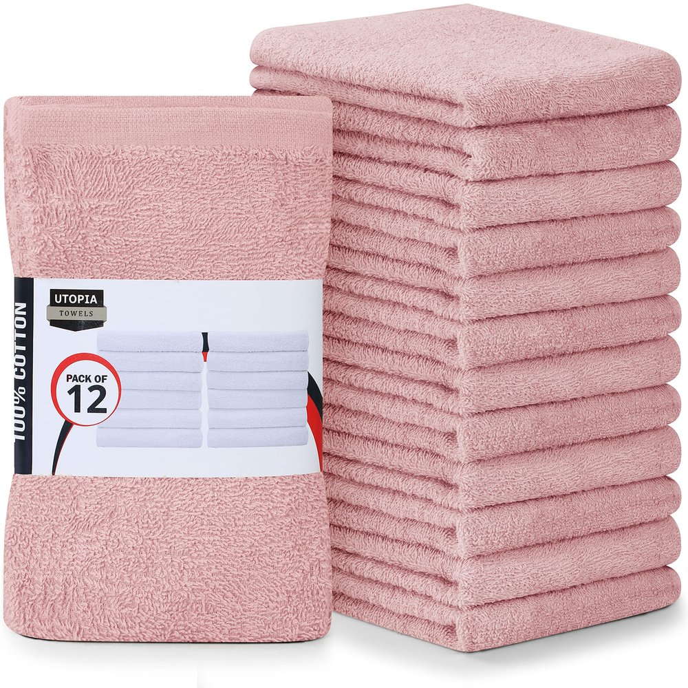 Utopia Towels Kitchen Bar Mops, Pack of 12, 16 by 19 Inches, 100% Cotton Super Absorbent Dusty Pink Towels, Multi-Purpose Cleaning Towels for Home and Kitchen Bars