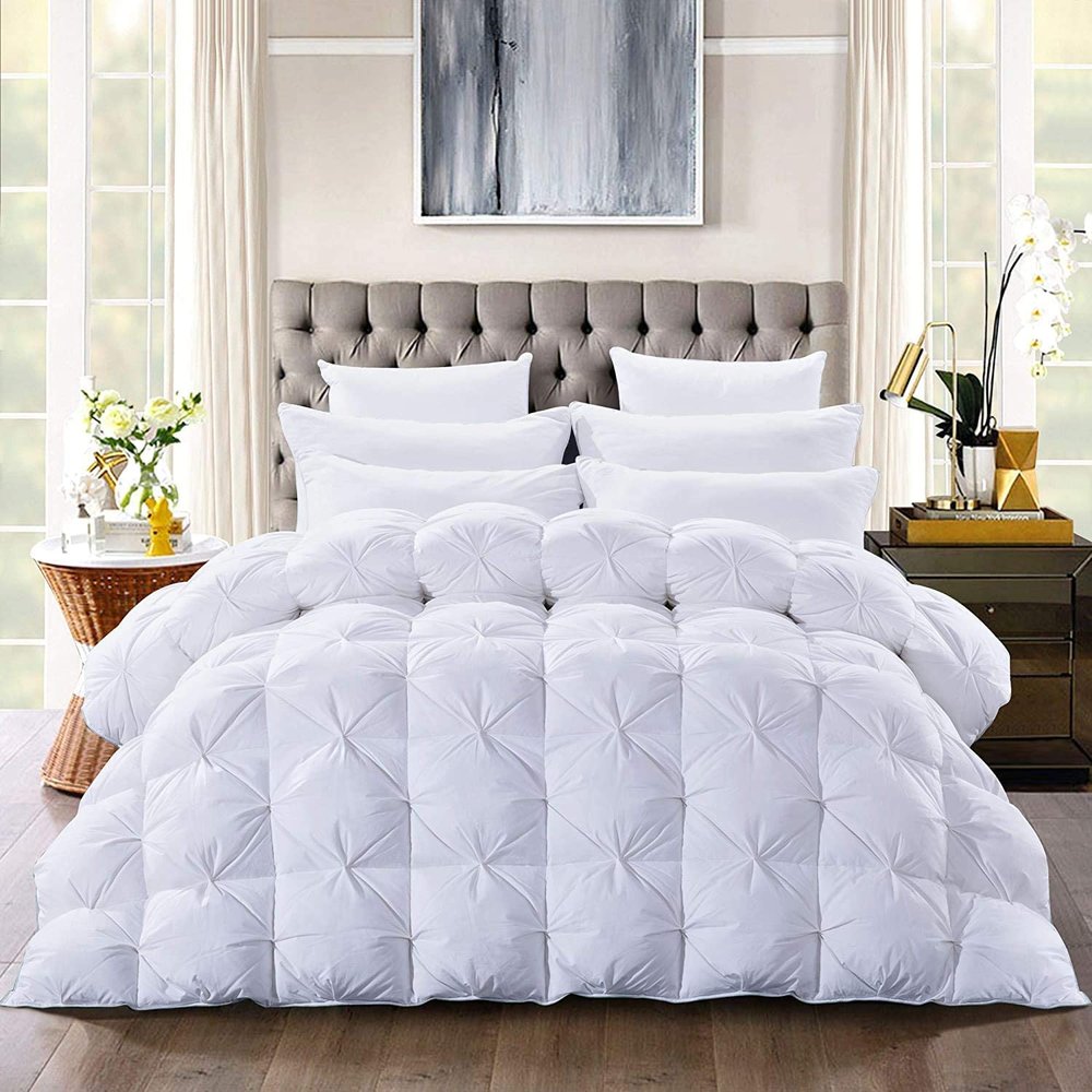 100% Organic Cotton 3 Piece Baffle Box Stitched Pinch Pleated Queen Comforter Set Lightweight Soft 600 GSM White Duvet Insert Queen (88'' x 92'')