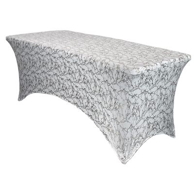 YOUR CHAIR COVERS - 8ft White and Silver Marbling Rectangular Spandex Table Covers Fitted Tablecloth Wedding Event Patio Decorations Elastic Fabric Stretch for Folding Table