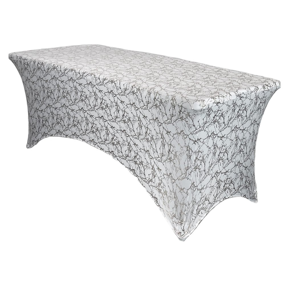 YOUR CHAIR COVERS - 8ft White and Silver Marbling Rectangular Spandex Table Covers Fitted Tablecloth Wedding Event Patio Decorations Elastic Fabric Stretch for Folding Table