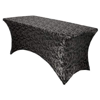YOUR CHAIR COVERS Black & Silver Marbling 6ft Rectangular Spandex Fitted Tablecloth Wedding Event Patio Decorations Elastic Fabric Stretch Cover