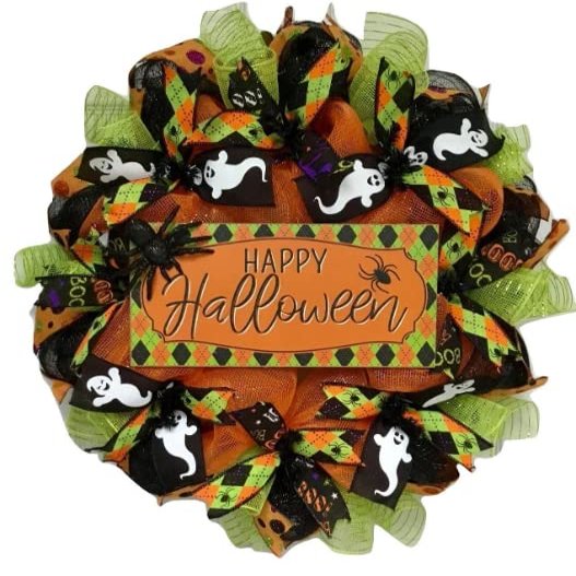 Happy Halloween Orange Black and Green Argyle Black Deco Mesh Wreath. Available in 24 inch and 28 inch diameters