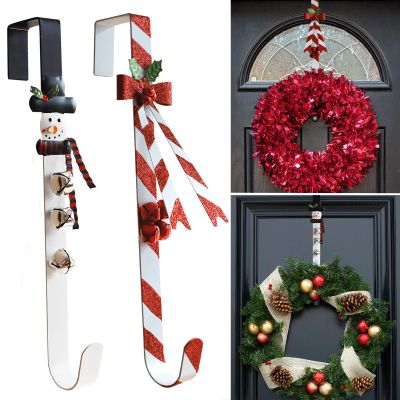 WKHOMEDECO 2 Pack Candy Cane Snowman Wreath Hangers for Front Door,Christmas Decoration Metal Over The Door Single Wreath Hook Ornament Door Wreath Hanger,Door Hanger for Wreath Front Door