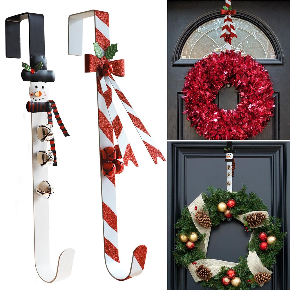 WKHOMEDECO 2 Pack Candy Cane Snowman Wreath Hangers for Front Door,Christmas Decoration Metal Over The Door Single Wreath Hook Ornament Door Wreath Hanger,Door Hanger for Wreath Front Door