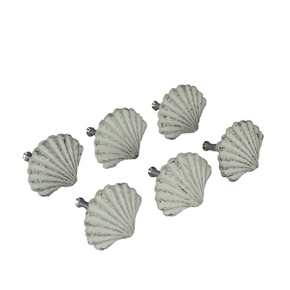 Zeckos Set of 6 Antique White Cast Iron Scallop Sea Shell Drawer Pulls Nautical Cabinet Knobs - 2 Inches Long - Seashell Dcor for A Stylish Coastal Accent to Your Furniture