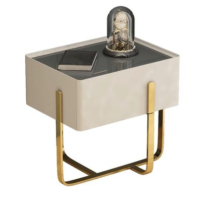 moisture Home Nightstand Nordic Creative White Bedside Table Living Room Bedroom Bedside Cabinet Glass Countertop Bedside Table Metal Table Frame Bed Side Nightstand (Color : Beige)