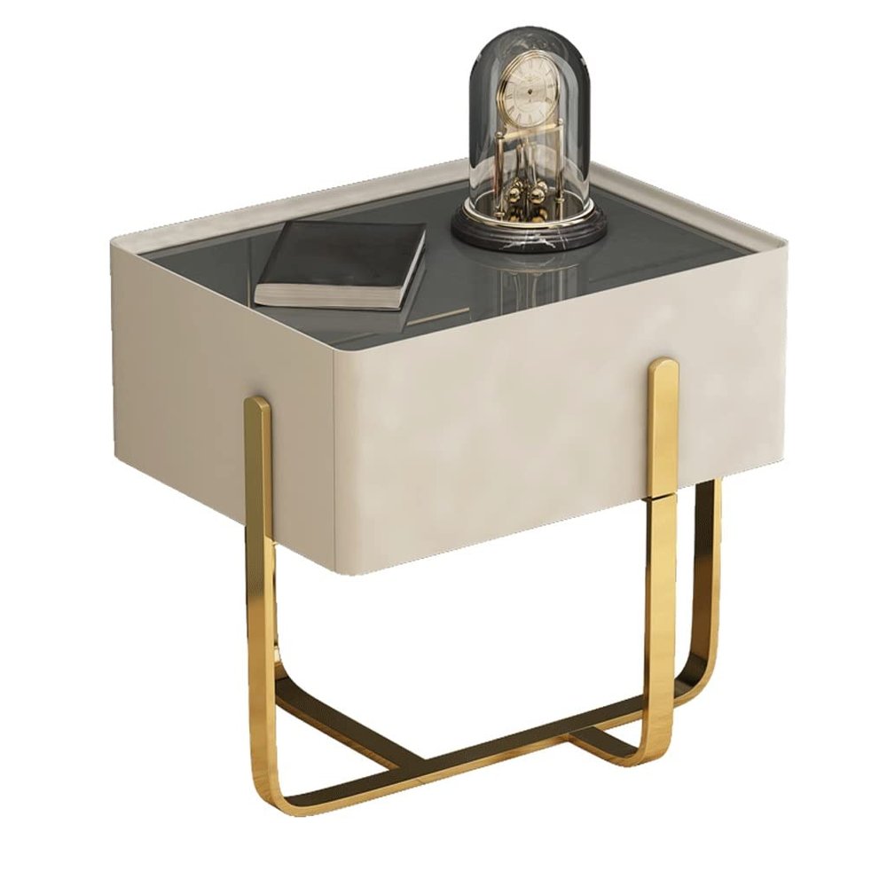 moisture Home Nightstand Nordic Creative White Bedside Table Living Room Bedroom Bedside Cabinet Glass Countertop Bedside Table Metal Table Frame Bed Side Nightstand (Color : Beige)