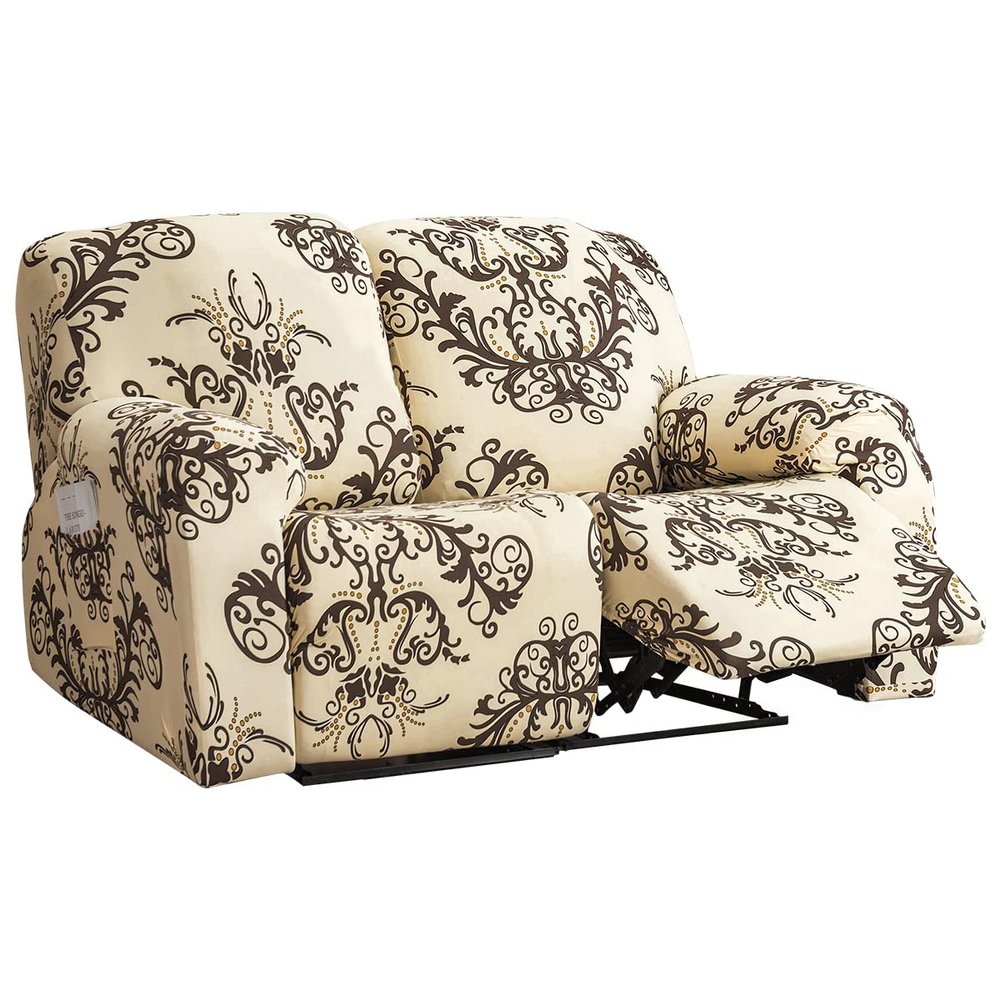 1/2/3 Seat Recliner Sofa Covers Stretch Recliner Cover with Side Pockets Reclining Slipcovers Soft Printed Pattern Furniture Protector with Elastic Bottom Living Room (2Seats,Color03)