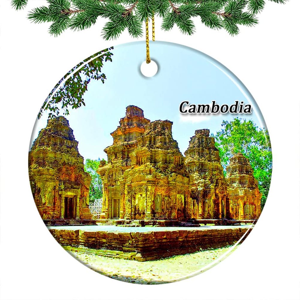 Cambodia SIEM Reap Bakong Temple Christmas Ornament 2022 Hanging Xmas Tree Pendant Decoration Double Sided Ceramic Souvenir Travel Gift 2.8 Inch