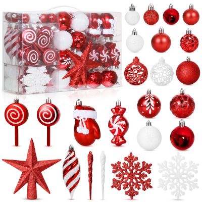 130 Pcs Christmas Tree Ornaments Set Assorted Hanging Ornaments Ball Set with Hanging Loop for Xmas Holiday Party Wreath Xmas Tree Decor (Red and White)
