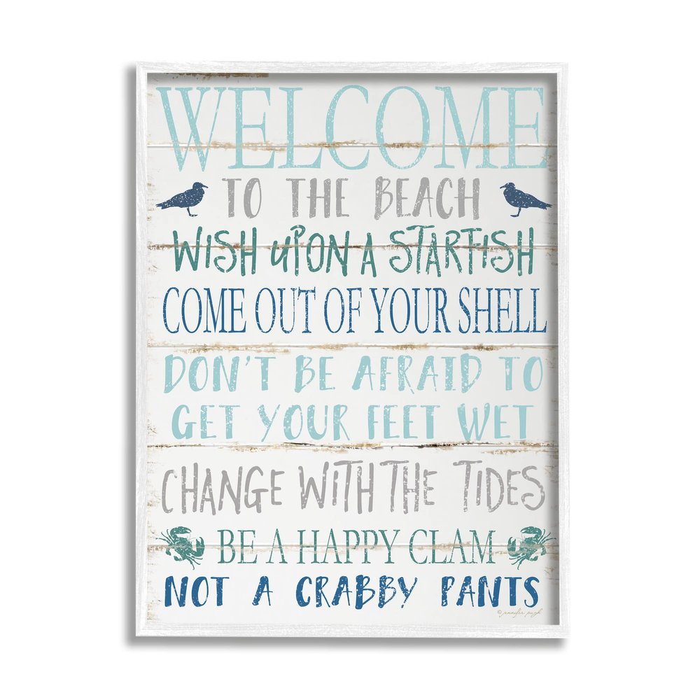 Stupell Industries Welcome to the Beach Blue Aqua and White Planked Look Sign, Design by Jennifer Pugh
