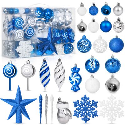 130 Pcs Christmas Tree Ornaments Set Assorted Hanging Ornaments Ball Set with Hanging Loop for Xmas Holiday Party Wreath Xmas Tree Decor (Blue Silver White)
