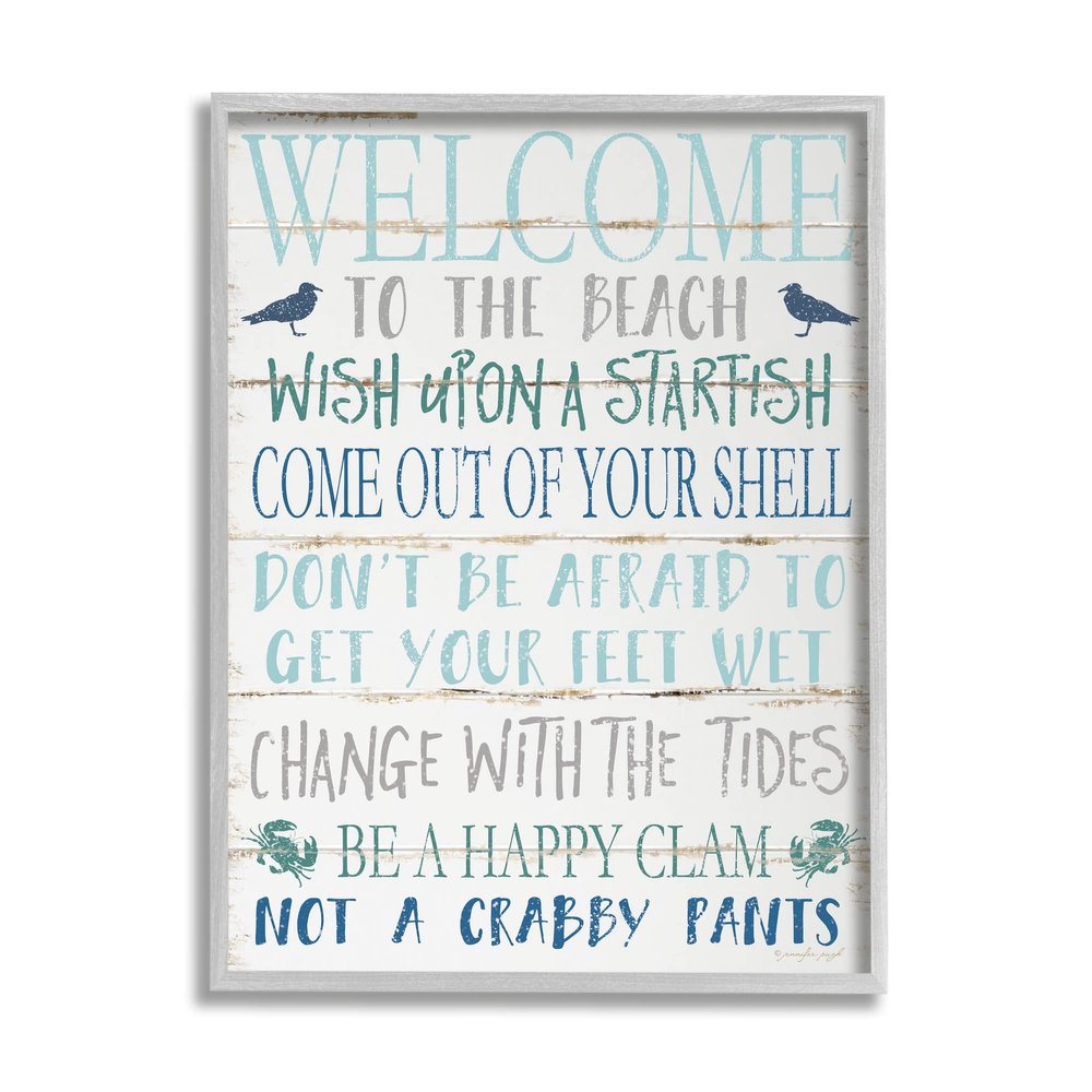 Stupell Industries Welcome to the Beach Blue Aqua and White Planked Look Sign, Design by Jennifer Pugh