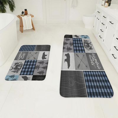 2 Pieces Rustic Cabin Bath Rug Set Bear Moose Elk Retro Buffalo Plaid Pattern Kitchen Bathroom Flannel Absorbent Non-Slip Carpet Bedroom Decor Mat 23.6x15.7 inch and 47x15.7 inch