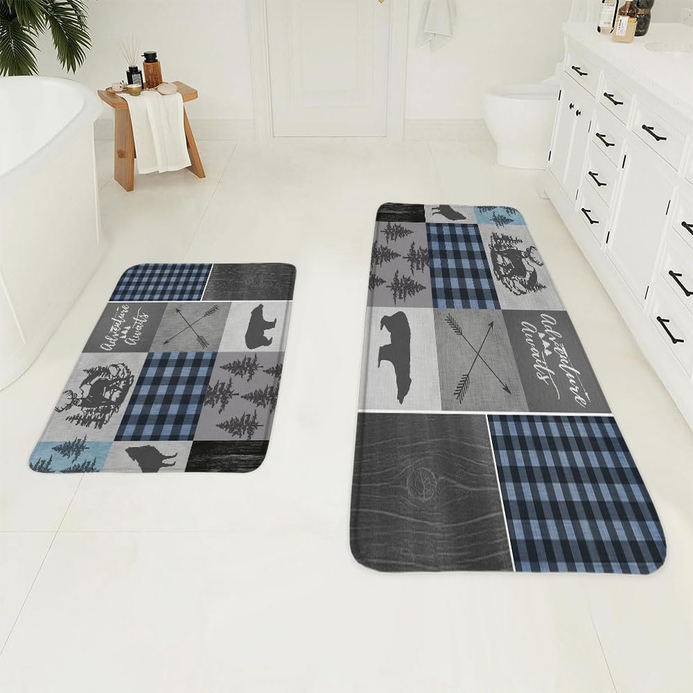 2 Pieces Rustic Cabin Bath Rug Set Bear Moose Elk Retro Buffalo Plaid Pattern Kitchen Bathroom Flannel Absorbent Non-Slip Carpet Bedroom Decor Mat 23.6x15.7 inch and 47x15.7 inch