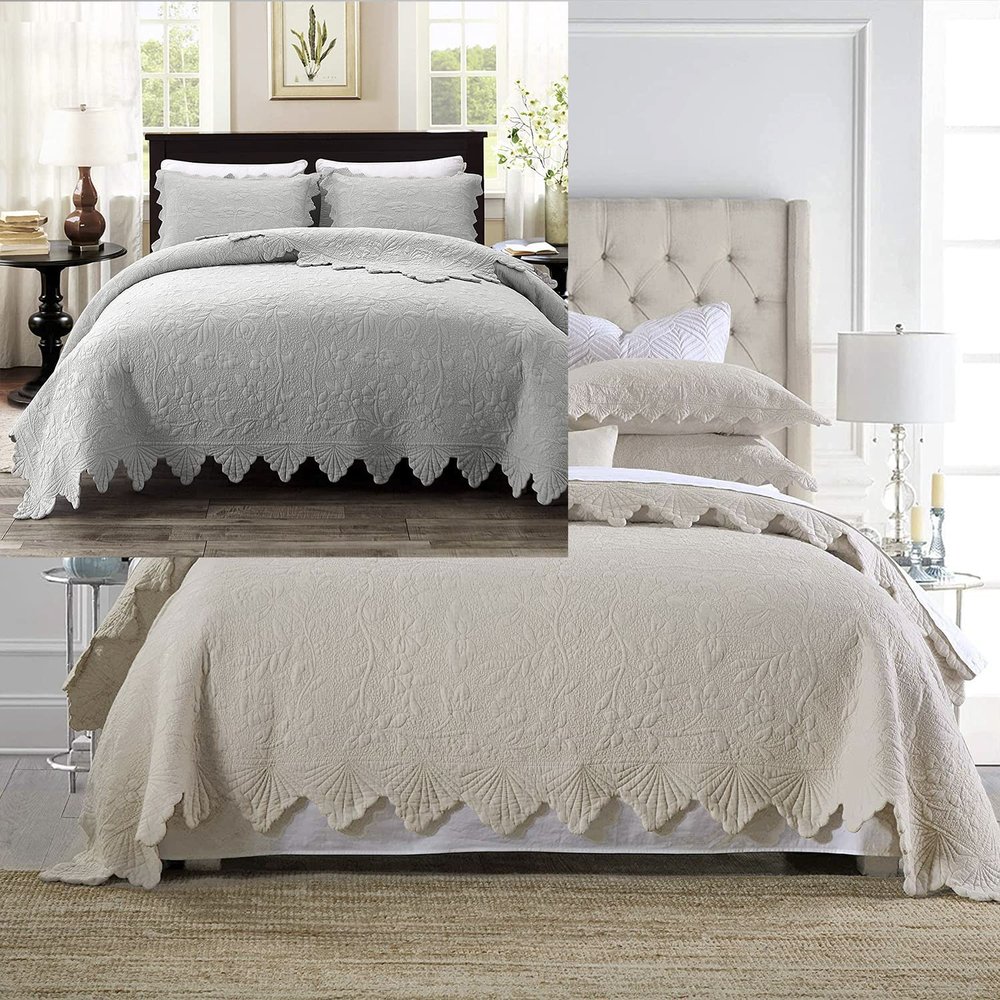 Brandream 6PC King Queen Quilt Bedding Set Cotton Beige Grey Comforter Set Scalloped Coverlet Set Farmhouse Quilted Bedspread