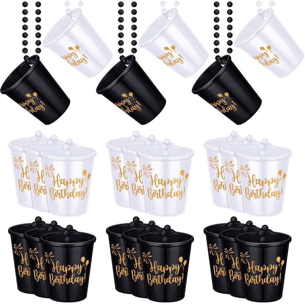 Sureio 24 Pack Shot Glass Necklaces Cups Bulk Birthday Shot Glass on Beaded Plastic Necklace for Happy Wedding Festival Parade Birthday Party Favor Anniversary Supplies(Black, White)