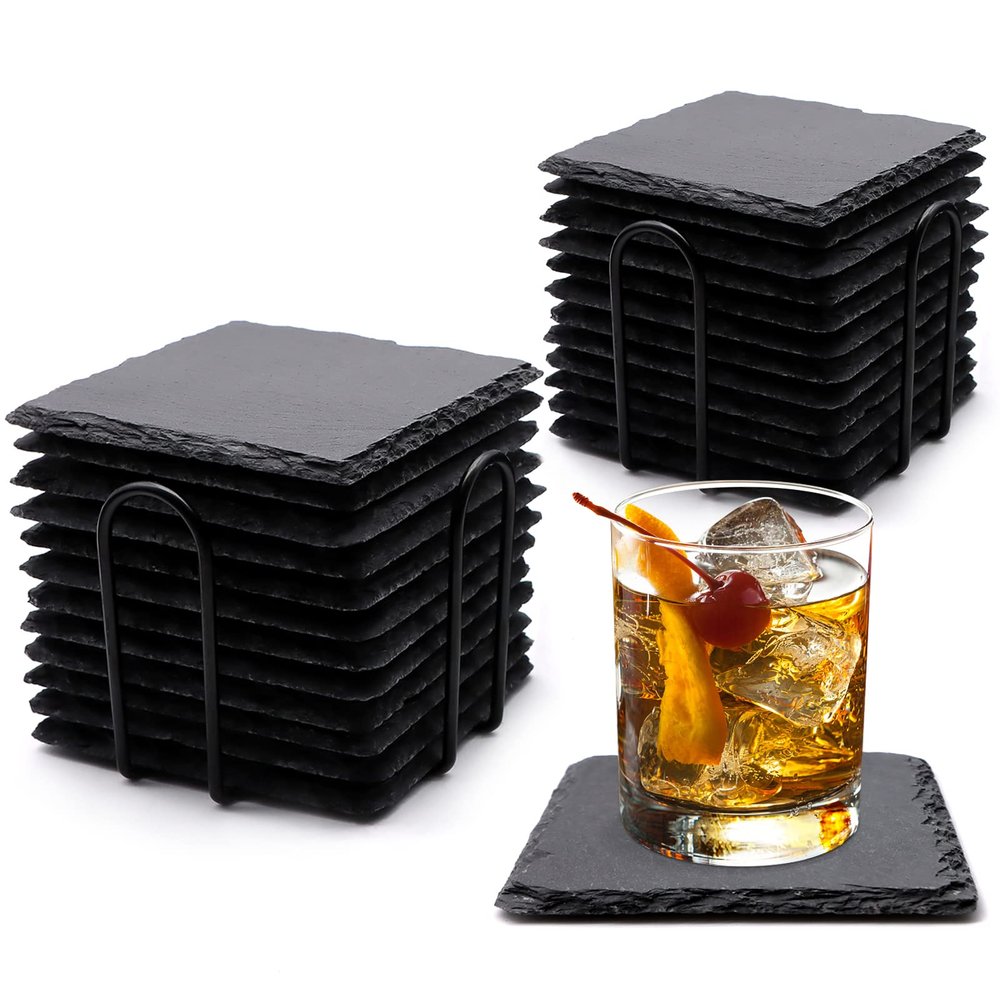 24 PCS Square Slate Drink Coasters Set, SIJDIEE 4 Inch Laser Engraving Black Slate Stone Coasters with Anti-Scratch Bottom and Coaster Holder for Office Bar Kitchen Home Dinner Table Decor Supplies