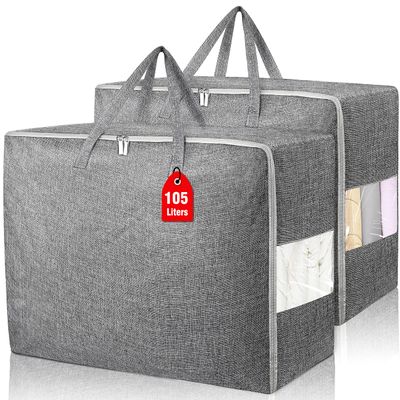 105L Extra Large Storage Bags, Folding Moving Comforter Blanket Storage Bags Closet Organizers and Storage Containers for Clothes with Strong Handles&Zippers Clear Window for Bedding Pillow Grey 2Pack