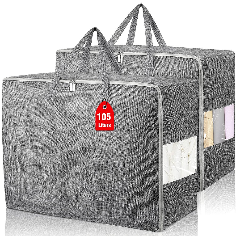 105L Extra Large Storage Bags, Folding Moving Comforter Blanket Storage Bags Closet Organizers and Storage Containers for Clothes with Strong Handles&Zippers Clear Window for Bedding Pillow Grey 2Pack