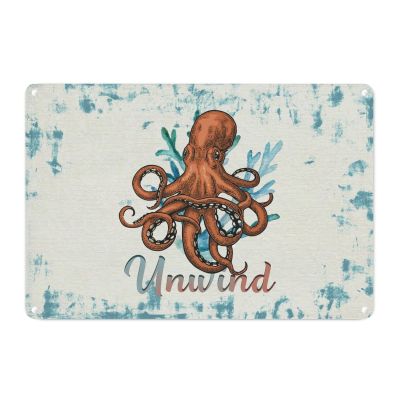 Beach Sea Life Ocean Animal Octopus Metal Tin Sign Wall Plaque Nautical Blue Starfish Retro Vintage Wall Sign Beach Funny Sayings Beach Time Men Cave Signs for Front Porch Outdoor Bedroom 12x18in