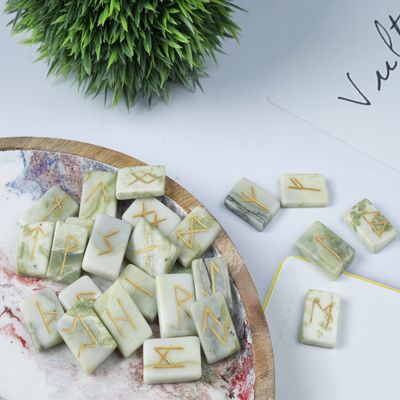 Crocon Serpentine Rectangle Shape Gemstone Runes with Elder Futhark Alphabet Engraved 25 pcs Rune Set Crystal Divination Metaphysical Healing Chakra Reiki Runes Set with a Pouch Size : 20-25mm