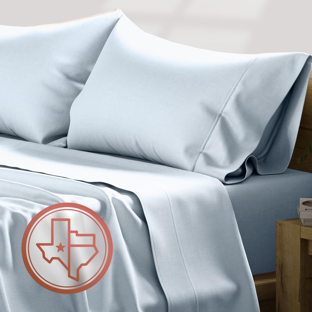 TEXAS LINEN CO. Luxury Egyptian Cotton California King Size Sheet Set - 600 Thread Count 4 PC Deep Pocket Fitted and Flat Sheets, Soft, Cooling Sateen Weave Hotel-Quality Cal King Sheets - Light Blue