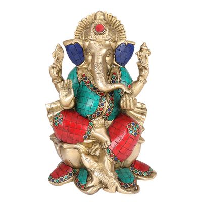 Brass Lord Ganesha Idol Gift Ganpati Statue Puja Home Office Decoration Vinayaka Murti Sitting On Lotus Mooshak Multicolor Height 9.5 Inch