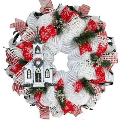 White Chapel Christmas in New England Wreath Handmade Deco Mesh. Available in 24 inch and 28 inch diameters