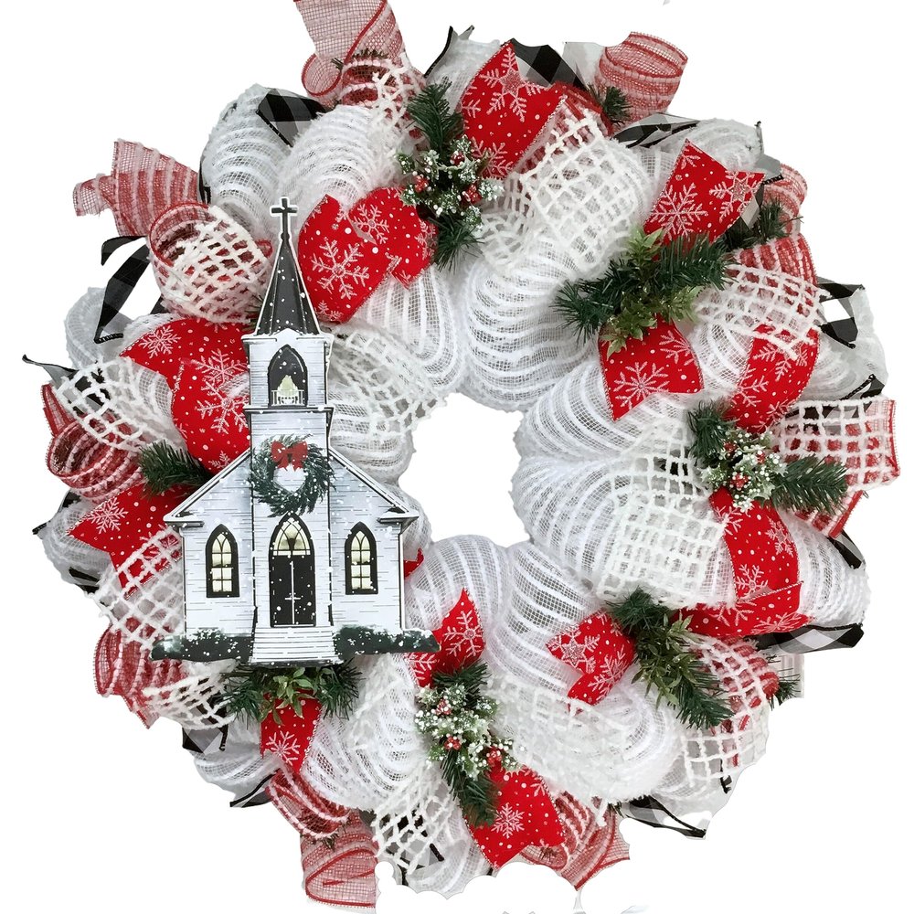 White Chapel Christmas in New England Wreath Handmade Deco Mesh. Available in 24 inch and 28 inch diameters
