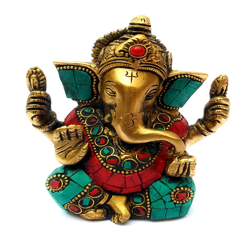 Brass Lord Ganesha Idol Statue Hindu God Ganesh Ganpati Statue Sitting Idol Sculpture in Multicolor Stone Work