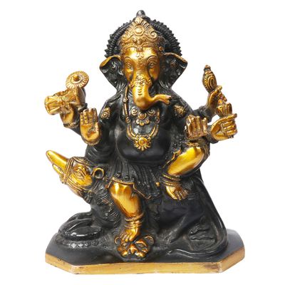 Brass Lord Ganesha Bhagwan Idol Mangalkari Ganpati Statue for Home Entrance Living Room Decor Sitting on Mooshak Mouse Sawari Gold Black Color Height 8 Inch, HomeAdri-29-7-87