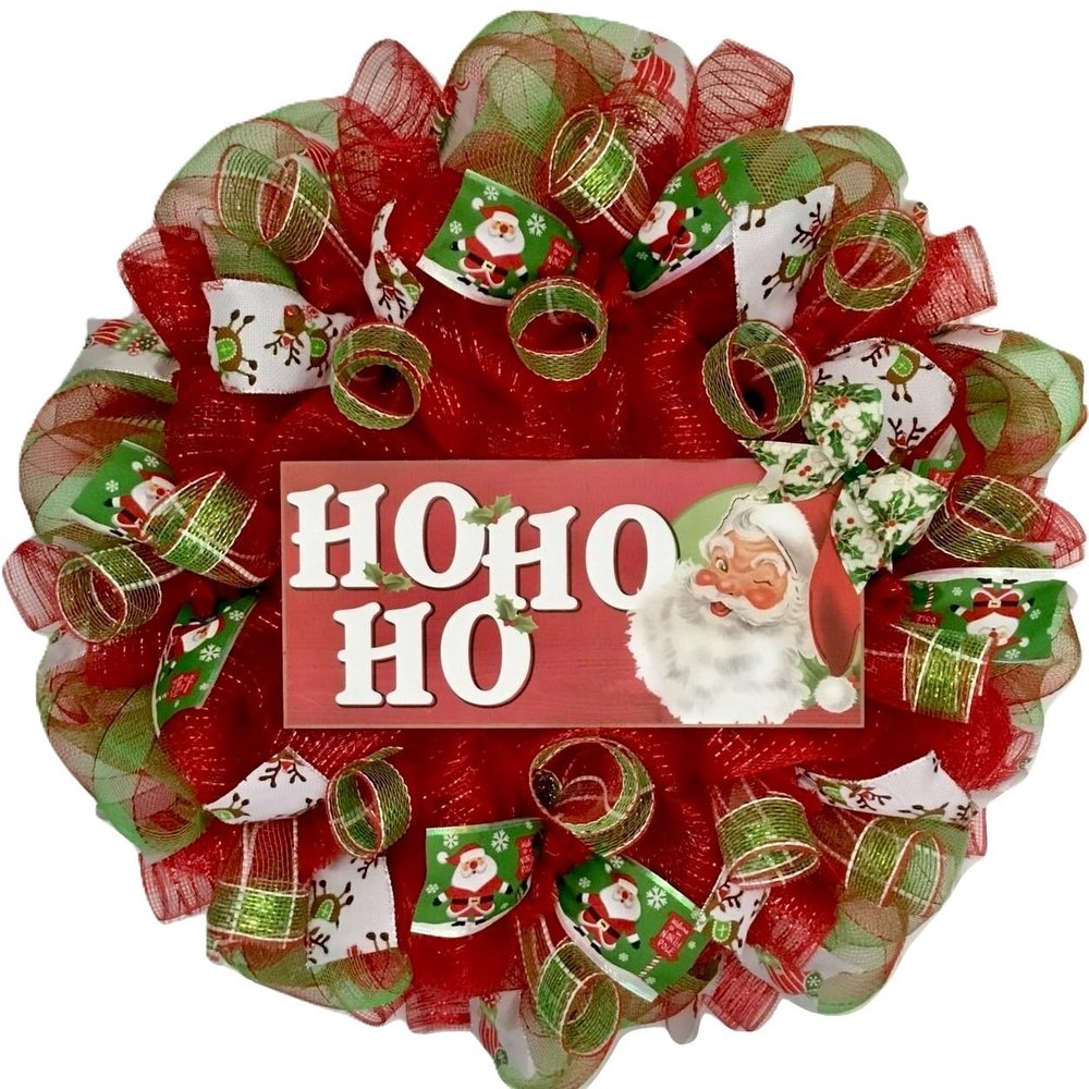 Jolly Santa Ho Ho Ho Christmas Wreath Handmade Deco Mesh. Available in 24 inch and 28 inch diameters