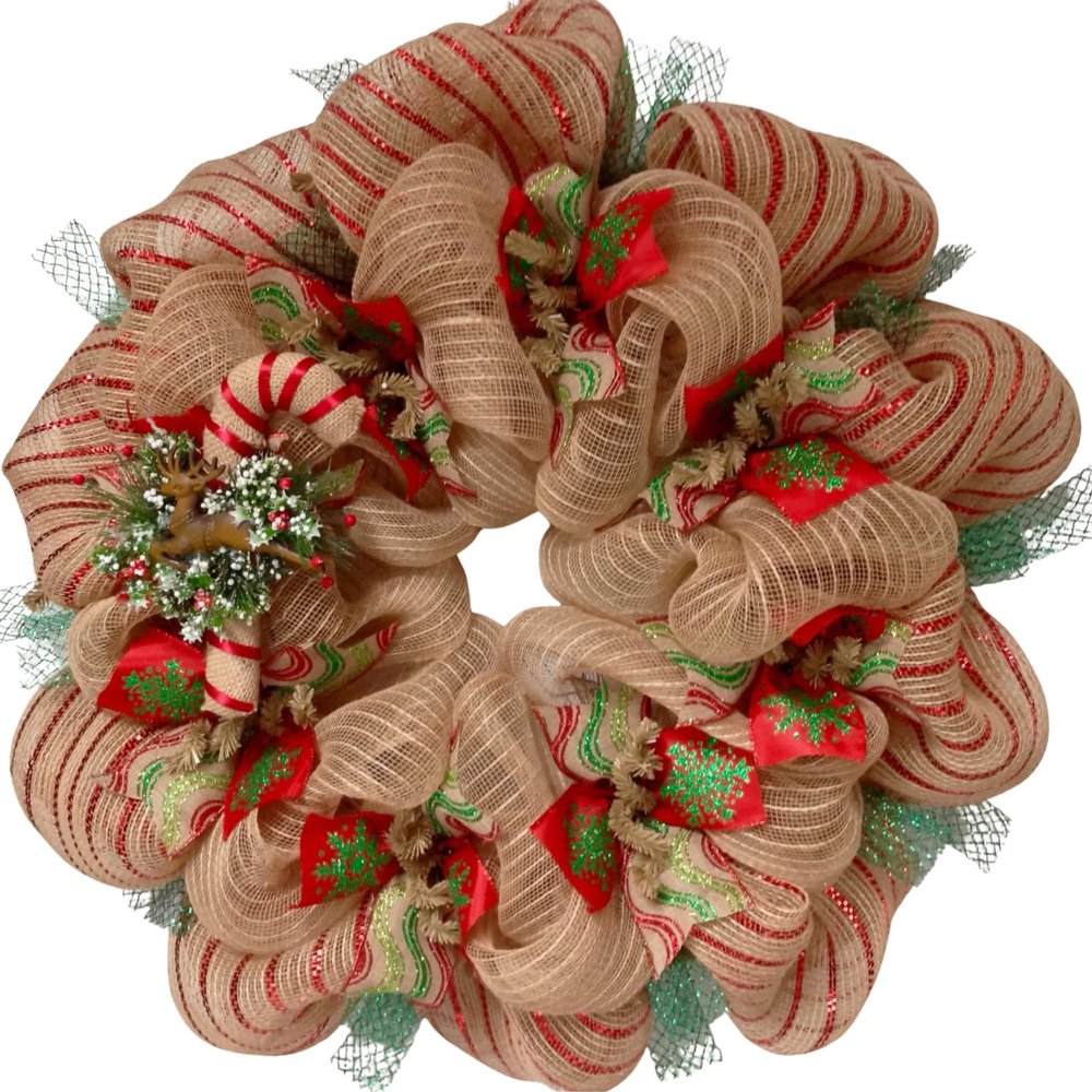 Burlap Candy Cane Christmas Wreath Handmade Deco Mesh. Available in 24 inch and 28 inch diameters