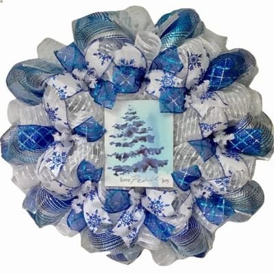 Love Peace Joy Deco Mesh Winter or Christmas Wreath. Available in 24 inch and 28 inch diameters