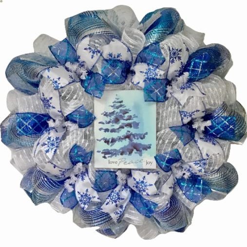 Love Peace Joy Deco Mesh Winter or Christmas Wreath. Available in 24 inch and 28 inch diameters