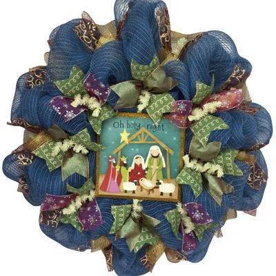 Oh Holy Night Christmas Inspirational Handmade Deco Mesh Wreath with Nativity. Available in 24 inch and 28 inch diameters
