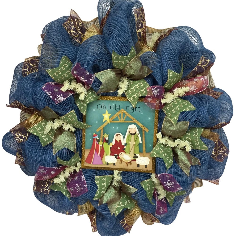 Oh Holy Night Christmas Inspirational Handmade Deco Mesh Wreath with Nativity. Available in 24 inch and 28 inch diameters