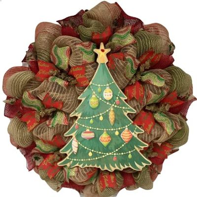 Burlap Deco Mesh Christmas Tree Wreath Handmade. Available in 24 inch and 28 inch diameters